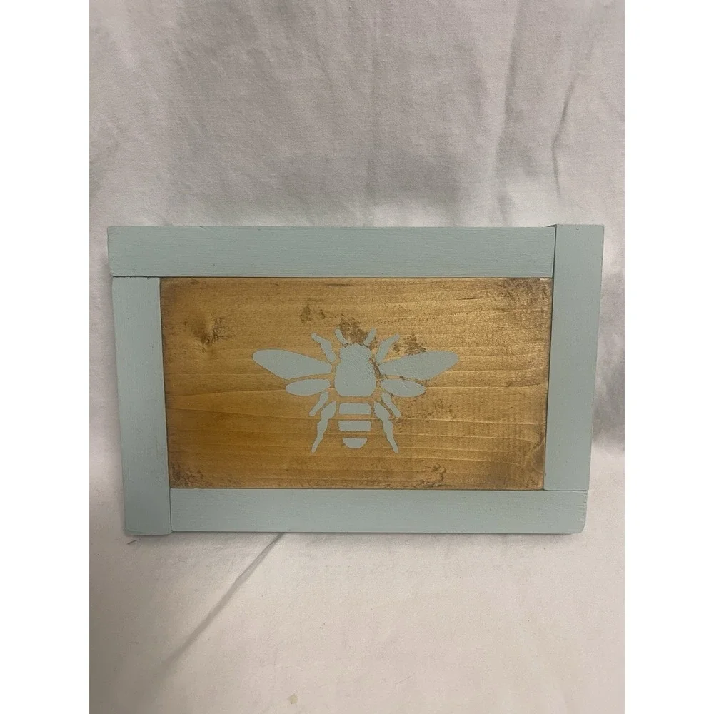 Handmade wooden blue Bee art cottage farmhouse spring summer Shelf Sitter Decor